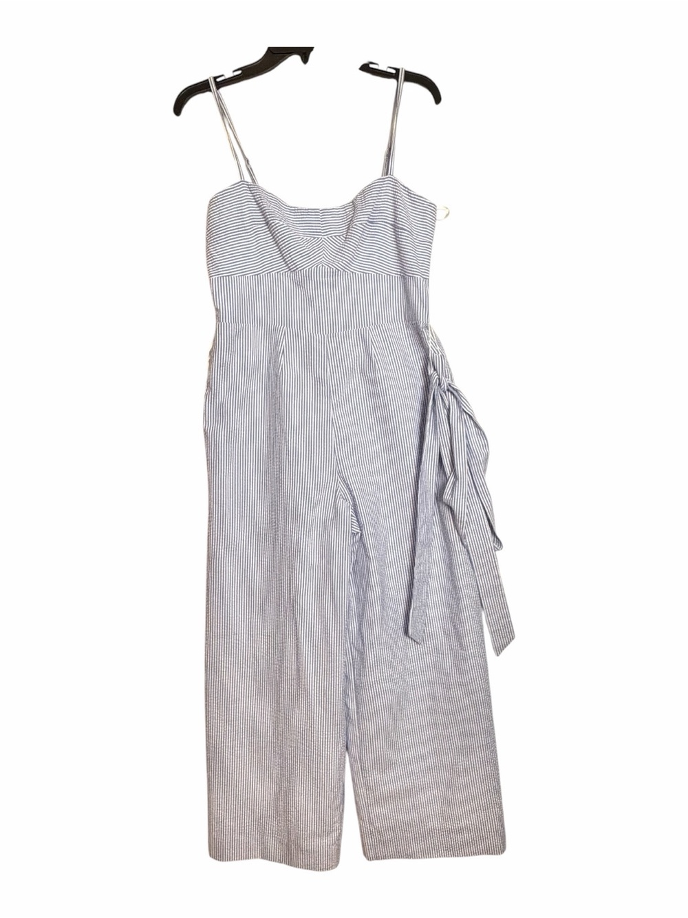 Yvonne Lafleur Blue White Seersucker Jumpsuit Crop Wide Leg Back Zip Lined Sz 8